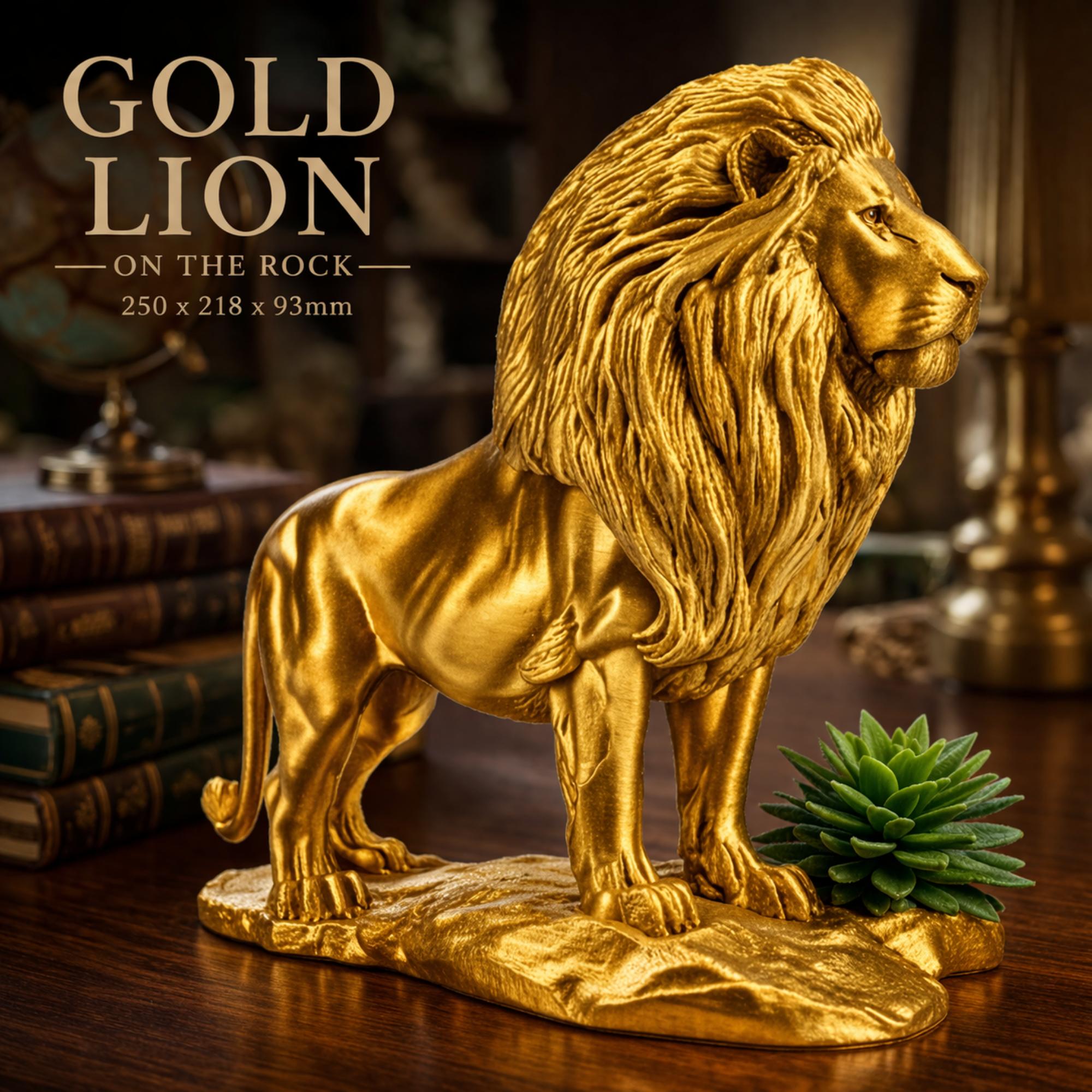 Gold Lion Statue in metallic PLA finish by MokshaGoldSculptures displayed beside a succulent and books.