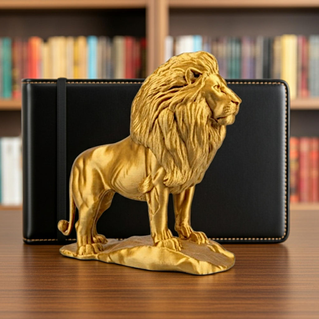Gold Lion on Rock statue in metallic PLA finish by MokshaGoldSculptures, displayed on wood table, books blurred behind.