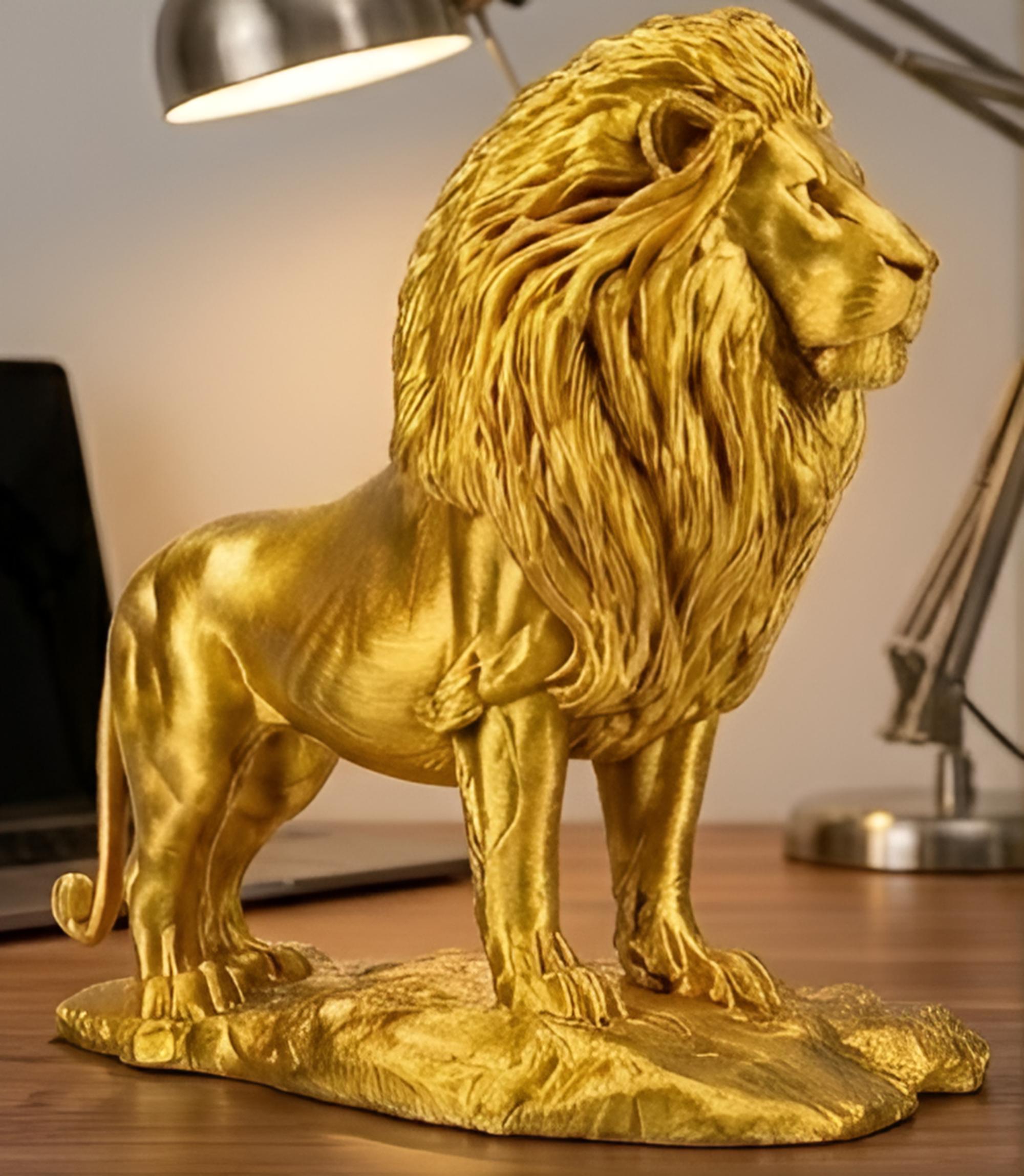 The Gold Lion Statue on Rock in metallic PLA finish by MokshaGoldSculptures.