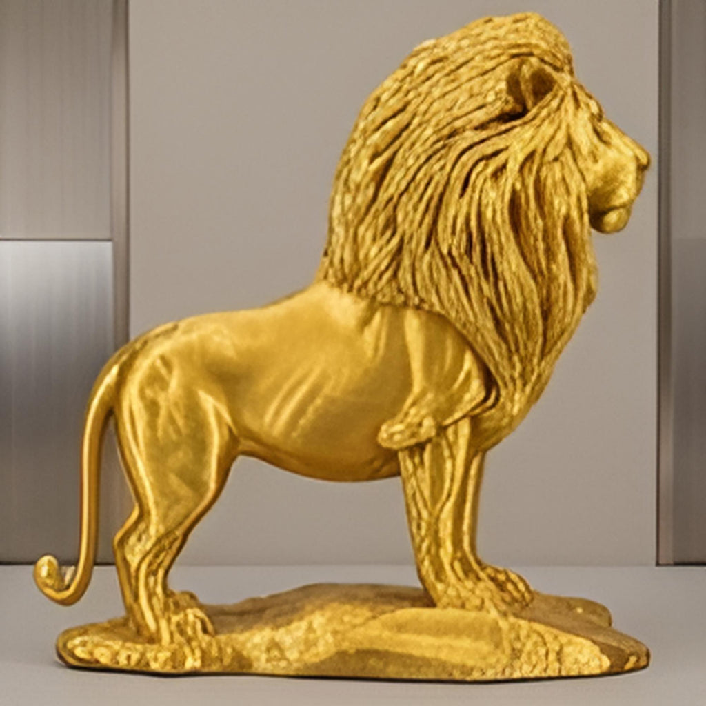 Gold Lion Statue on Rock in metallic finish by MokshaGoldSculptures.