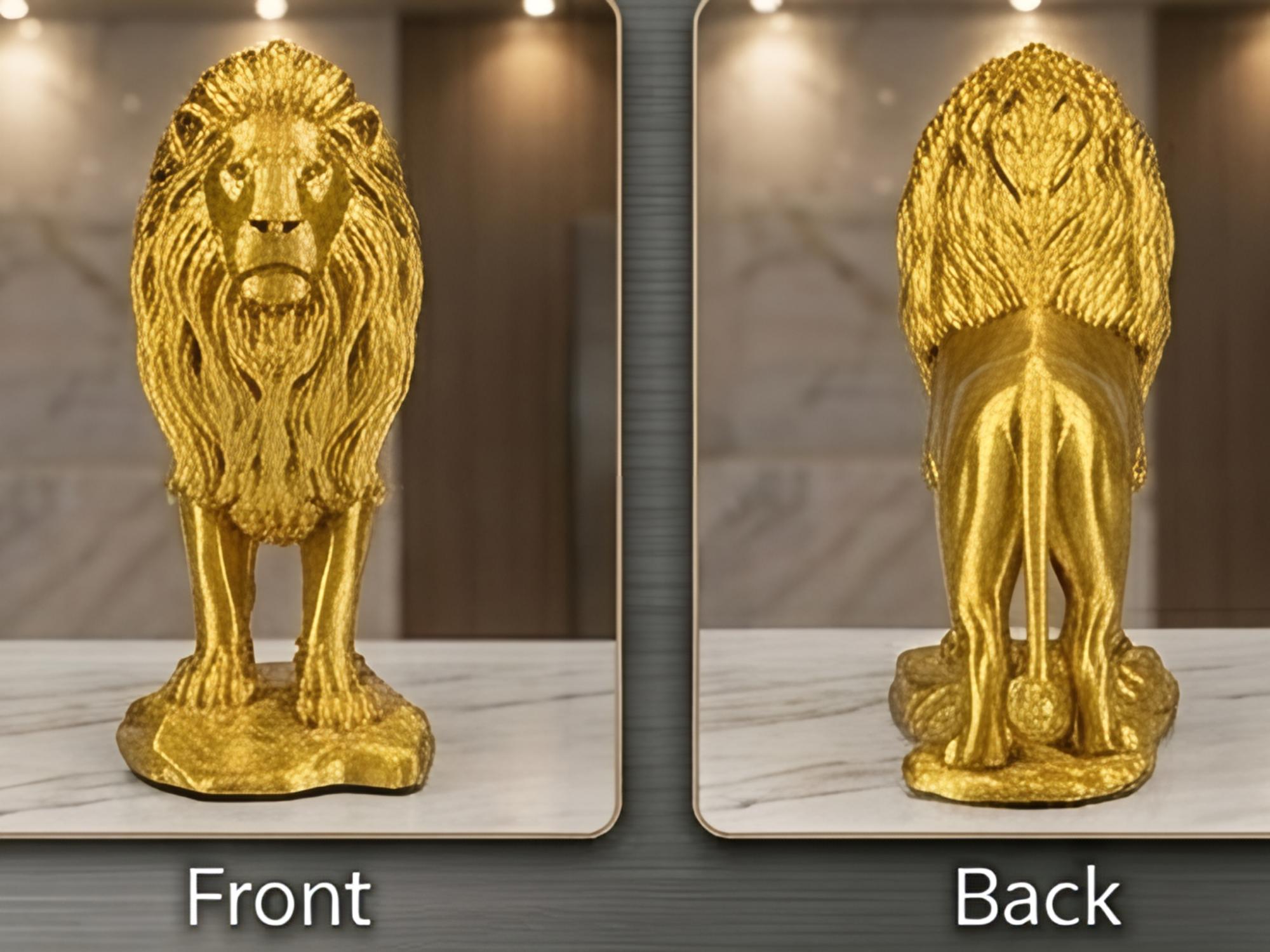 The Gold Lion Statue on Rock in metallic PLA finish by MokshaGoldSculptures, shown front and back.