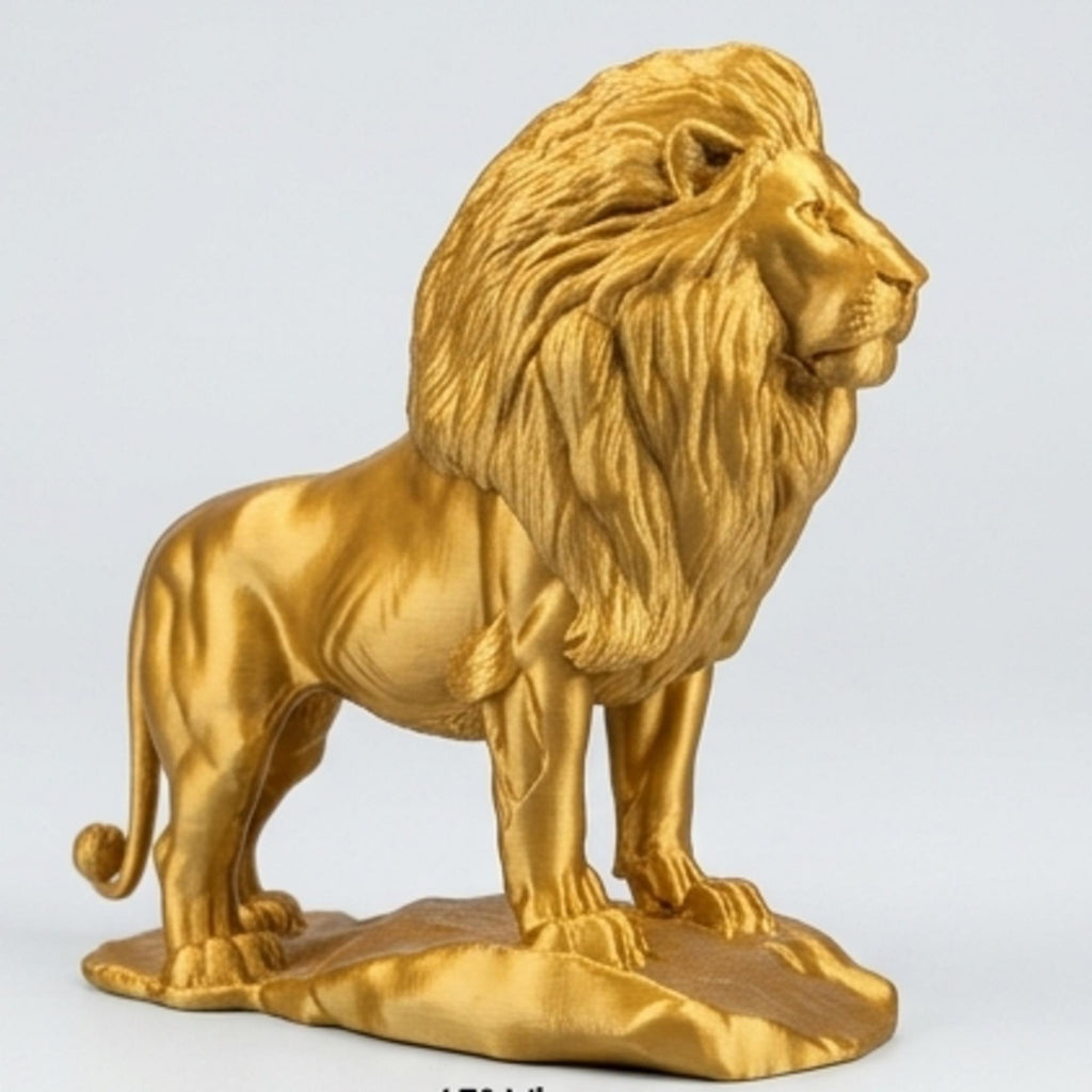 The Gold Lion Statue on Rock in metallic PLA finish by MokshaGoldSculptures, featuring a detailed mane.