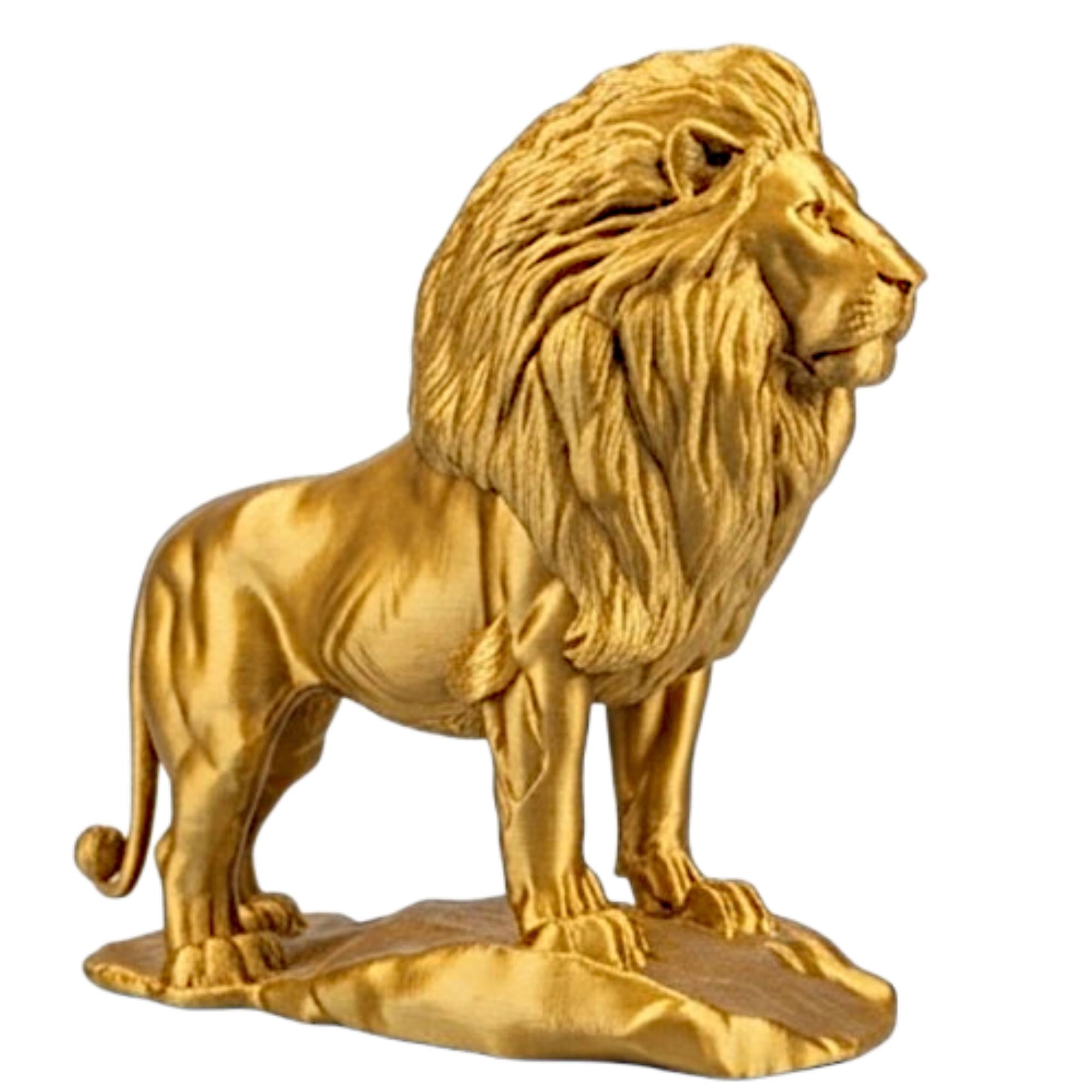 The Gold Lion Statue on Rock in metallic PLA finish by MokshaGoldSculptures, featuring a majestic lion with flowing mane.