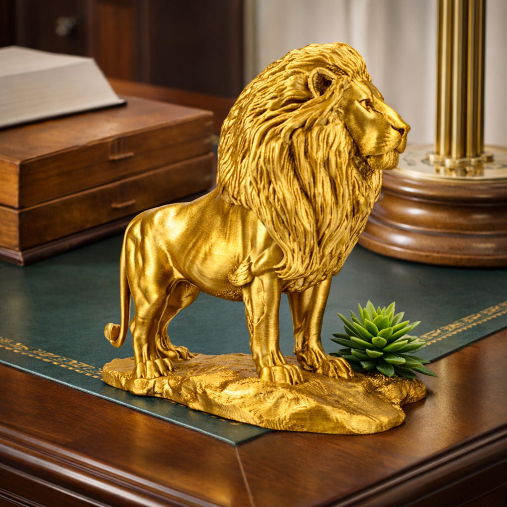 Gold Lion Statue on Rock in metallic PLA finish by MokshaGoldSculptures.