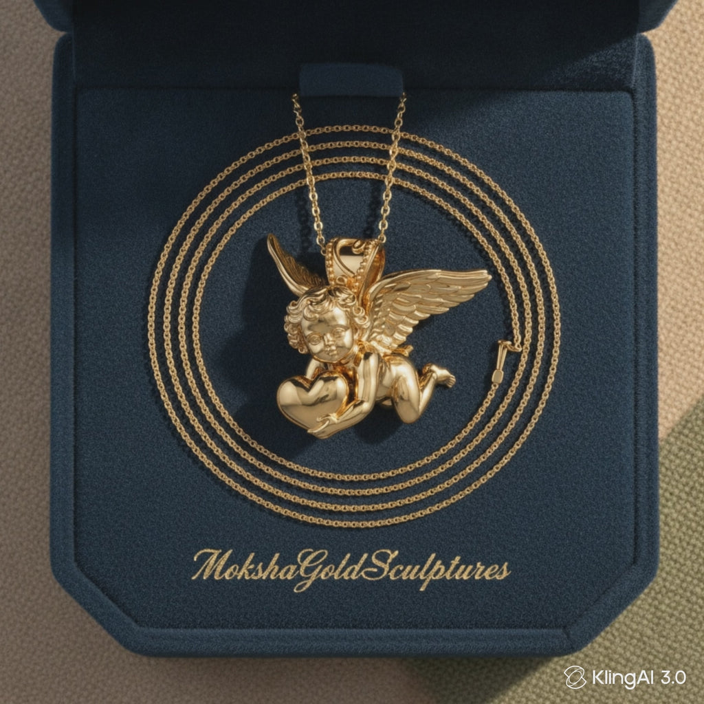 Golden Cherub with Heart Pendant Necklace | Angel of Love & Protection | 9K Gold, Sterling Silver or Polished Brass | Handmade Religious Jewelry Gift