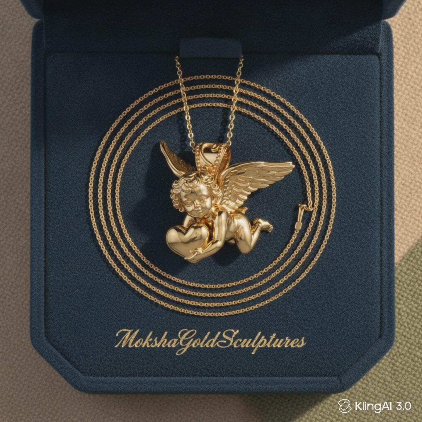 Golden Cherub with Heart Pendant Necklace | Angel of Love & Protection | 9K Gold, Sterling Silver or Polished Brass | Handmade Religious Jewelry Gift