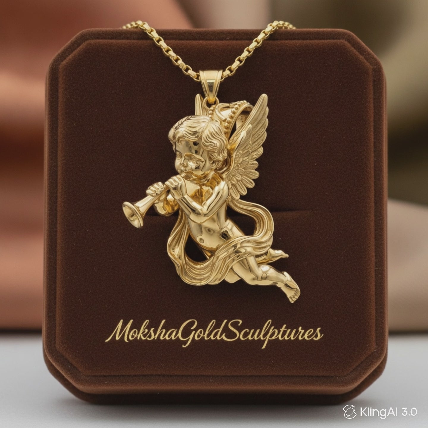 Golden Cherub Flute Pendant Necklace | Guardian Angel Jewelry | 9K Gold, Sterling Silver & Yellow Brass