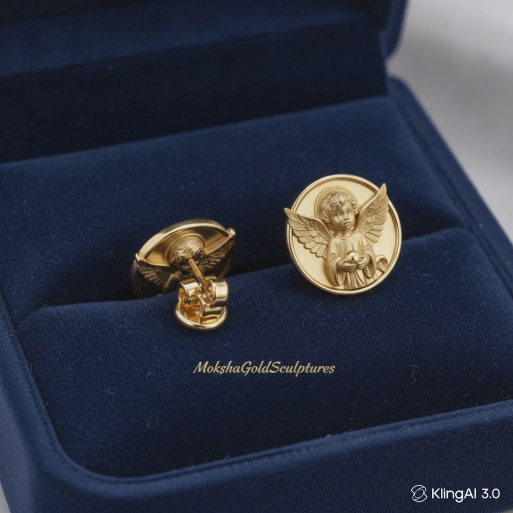 Angel Cherub Medallion Stud Earrings | 9K Gold, Sterling Silver or Brass | Celestial Angel Earrings | Religious Jewelry | Handmade Gift for Her
