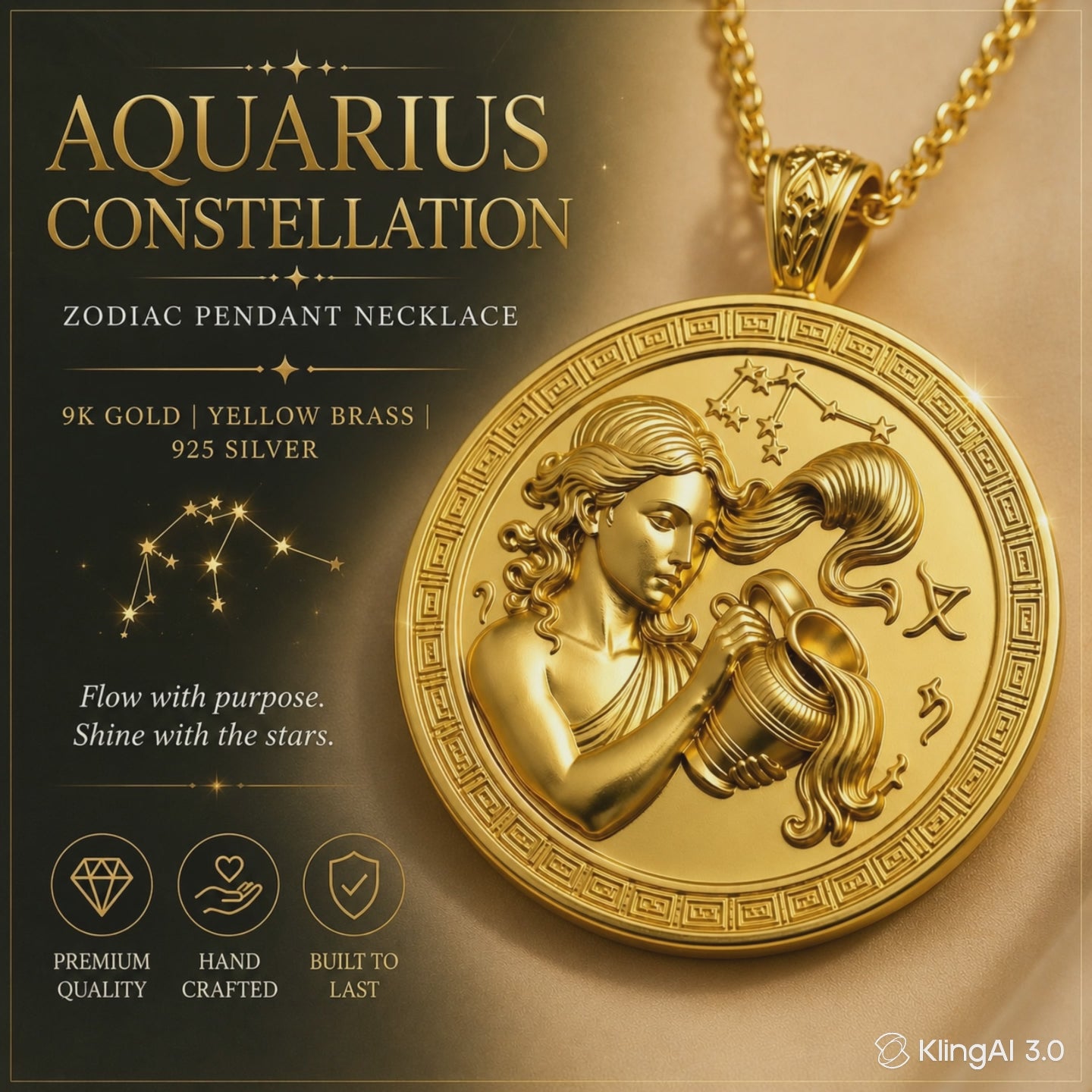 Aquarius Zodiac Medallion Necklace, 25mm Water Bearer Pendant, Greek Astrology Coin Necklace, 9K Gold, Sterling Silver or Yellow Brass, Zodiac Birthday Gift