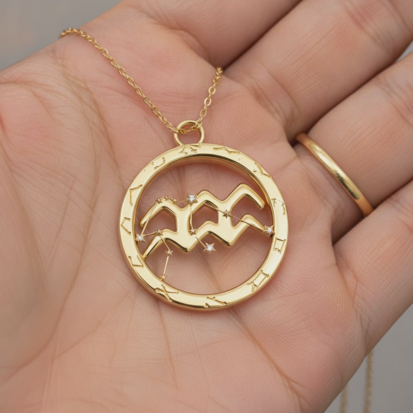 Aquarius Zodiac Pendant Necklace, 30mm Aquarius Symbol Necklace, Water Bearer Astrology Gift, 9K Gold, Sterling Silver or Yellow Brass