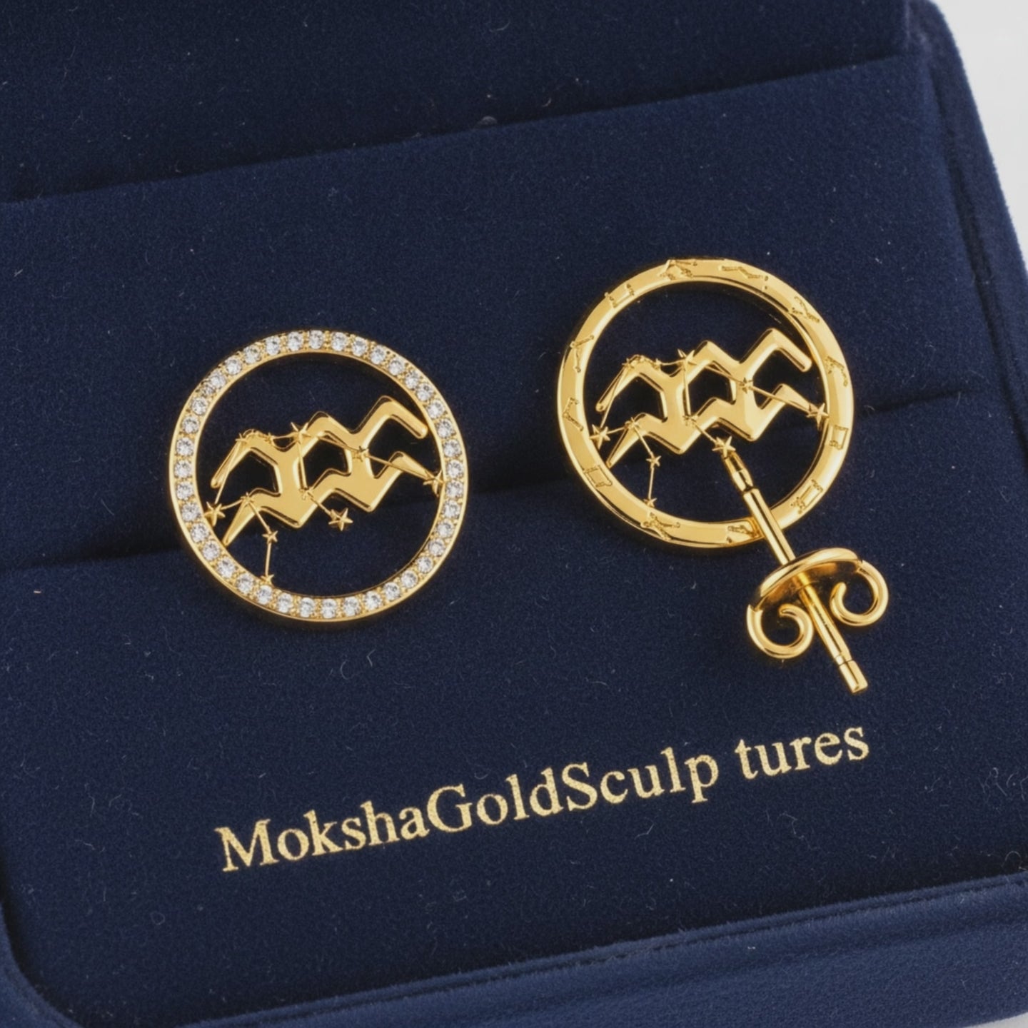 Aquarius Zodiac Stud Earrings, 18mm Astrology Earrings, Water Bearer Constellation Earrings, 9K Gold, Sterling Silver or Yellow Brass Gift