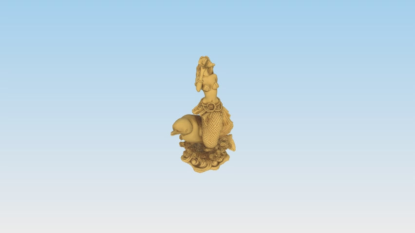 Golden Mermaid with Dolphin and Konch Shell PLA 3D Printed Statue – Fantasy Ocean Sculpture – Large Decorative Collectible – 250 x 148 x 145 mm