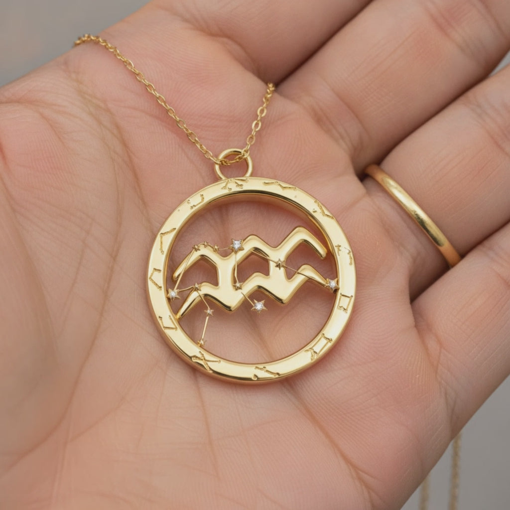 Aquarius Symbol Zodiac Pendant Necklace, 25mm Aquarius Constellation Pendant, Water Bearer Astrology Necklace, 9K Gold, Sterling Silver or Yellow Brass Gift