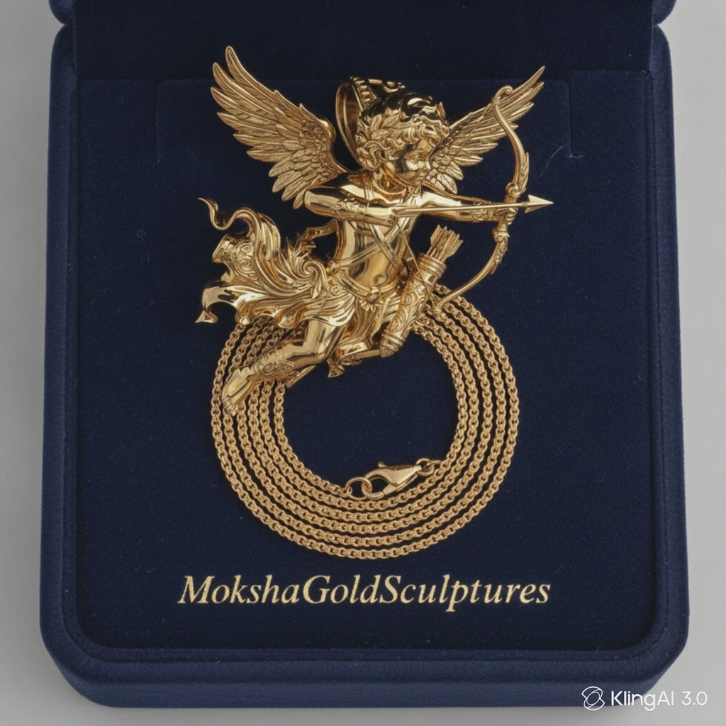 Winged Cupid Archer Pendant Necklace | Cherub Angel with Bow & Arrow | Handmade in 9K Gold, Sterling Silver & Yellow Brass
