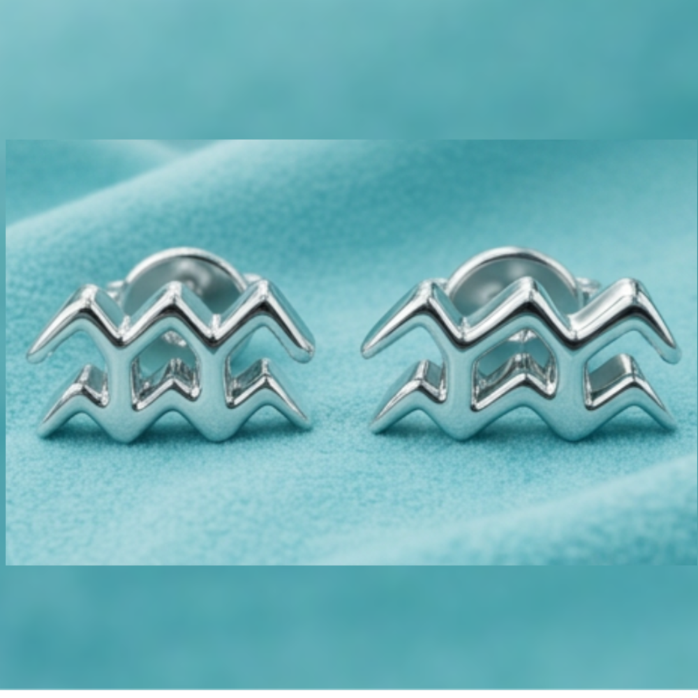 Aquarius Symbol Stud Earrings in Solid Gold | Zodiac Stud Earrings | 12 × 5.5 × 2 mm