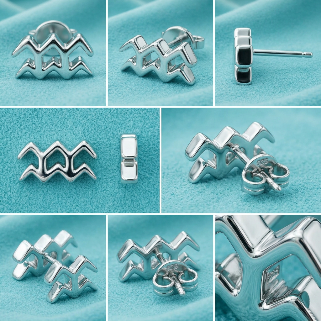 Aquarius Symbol Stud Earrings in Solid Gold | Zodiac Stud Earrings | 12 × 5.5 × 2 mm