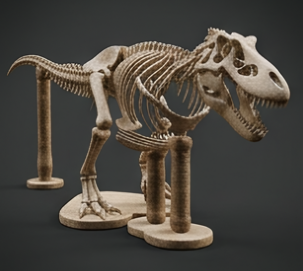 The T Rex Skeleton 3D Print in polished metal on stand by MokshaGoldSculptures, detailed fossil design.