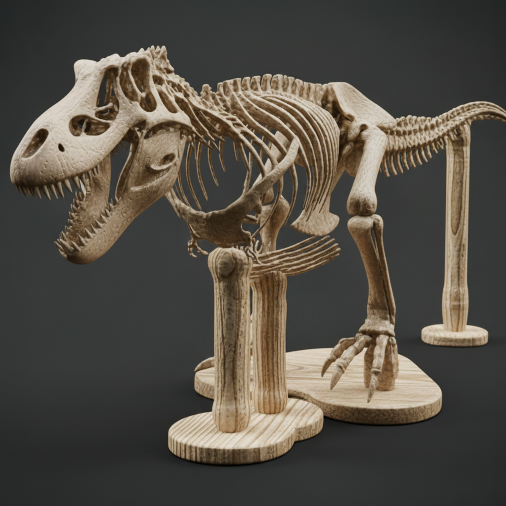 The T Rex Skeleton 3D Print in metallic finish by MokshaGoldSculptures on display stand.