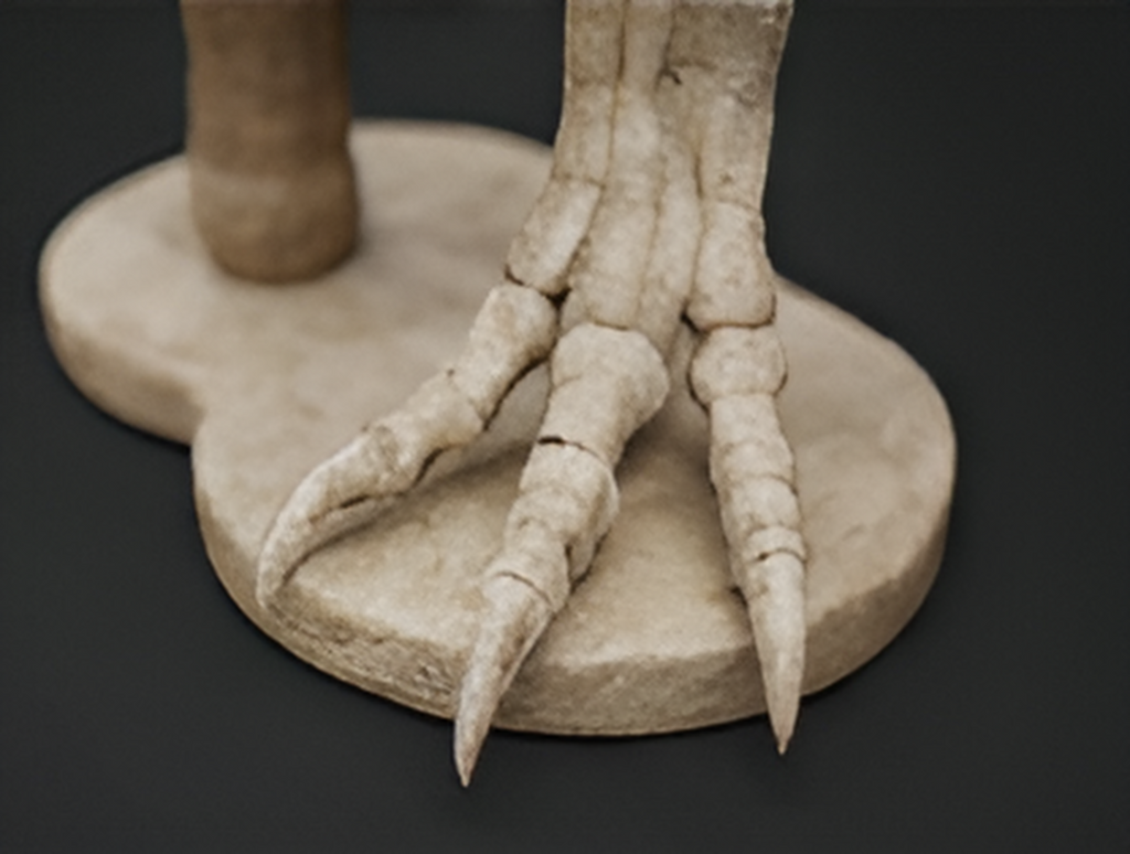 T Rex Skeleton bird’s foot ring in polished silver by MokshaGoldSculptures on round base, dark background.