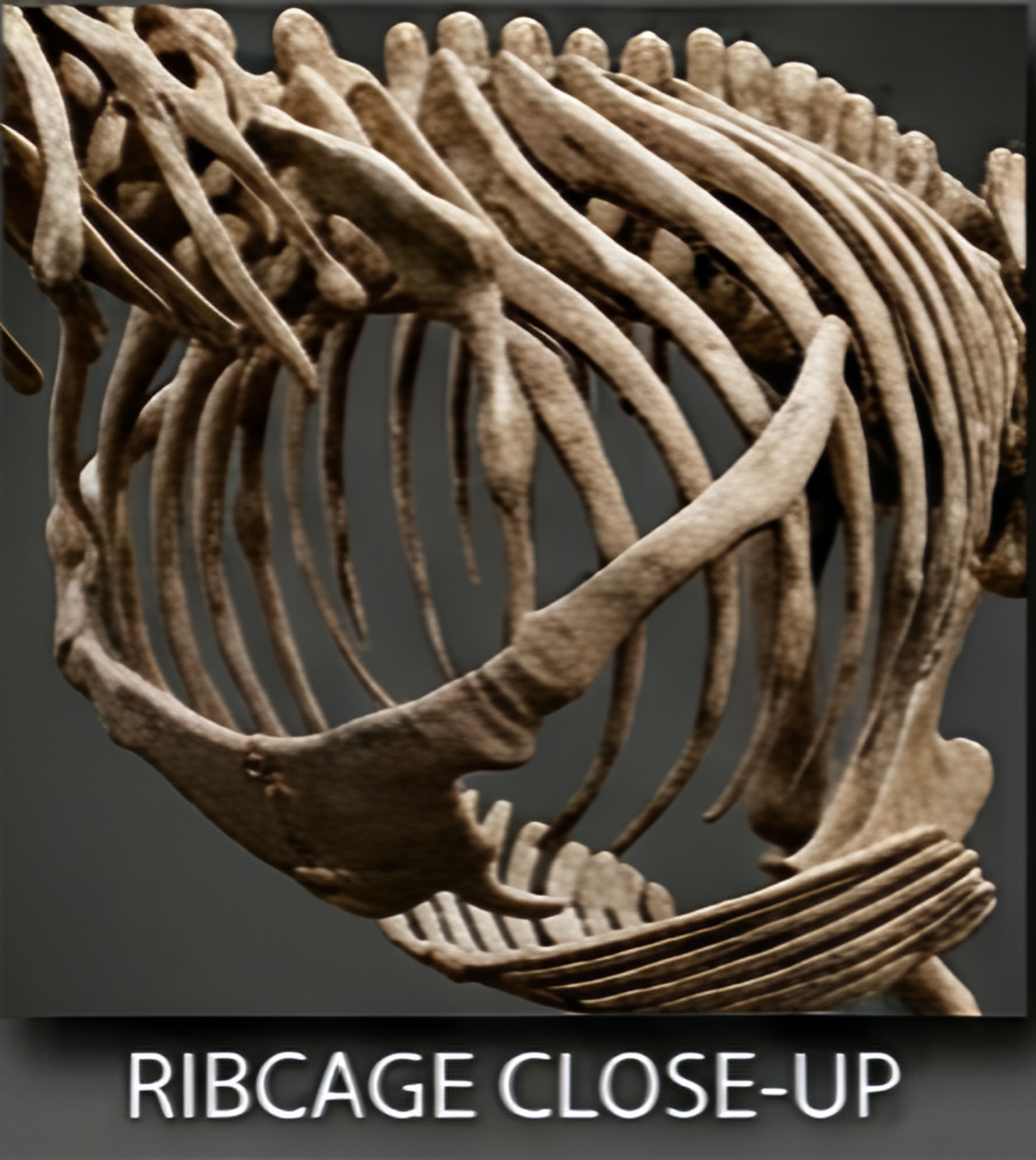 T Rex Skeleton 3D Print ribcage close-up by MokshaGoldSculptures; metallic finish, stand included, neutral background.