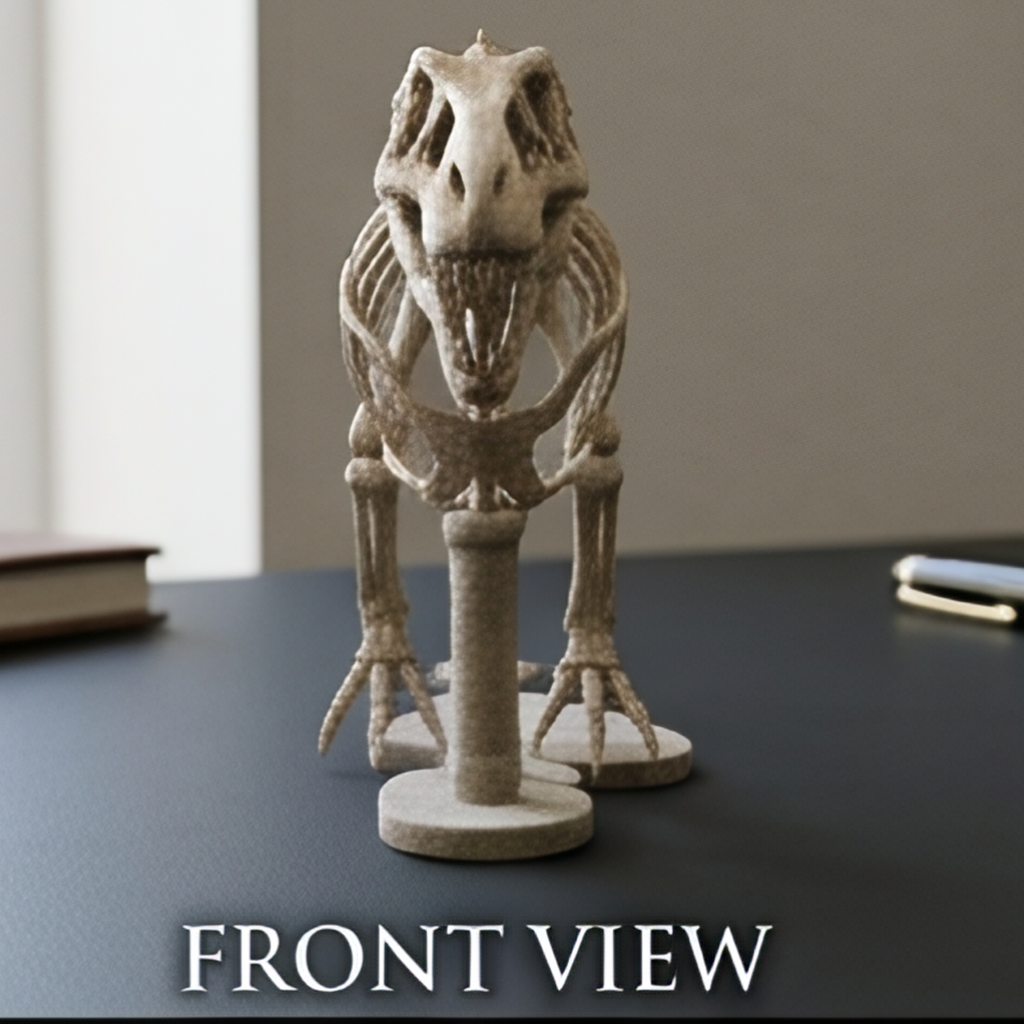 T Rex Skeleton 3D Print in metallic finish by MokshaGoldSculptures on stand, upright, FRONT VIEW.