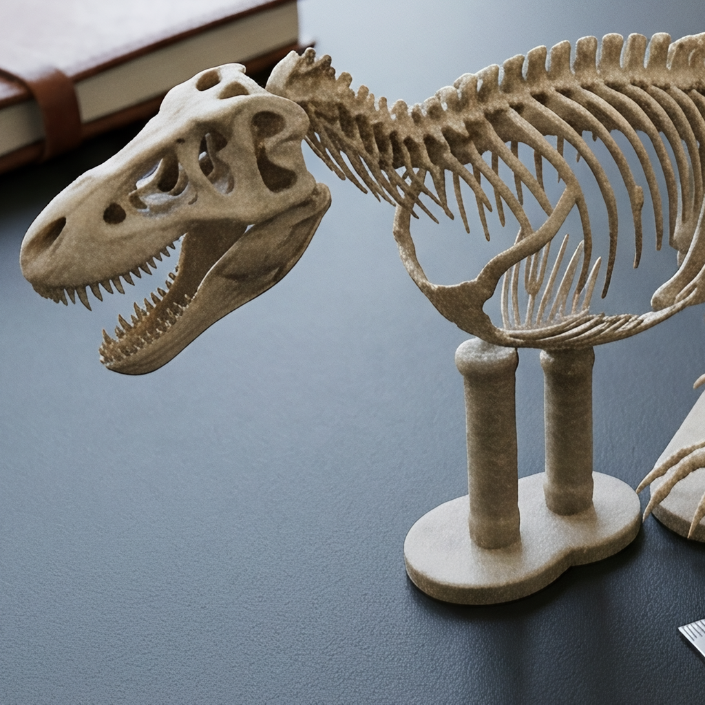 T Rex Skeleton 3D Print with Stand in metallic finish by MokshaGoldSculptures, shown on a dark surface.
