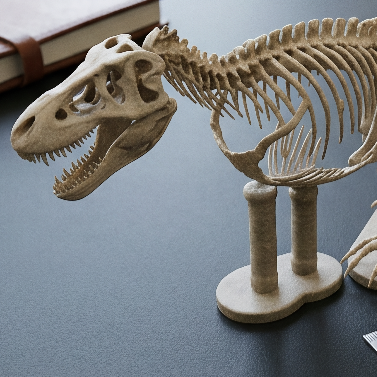 T Rex Skeleton 3D Print with Stand in metallic finish by MokshaGoldSculptures, shown on a dark surface.