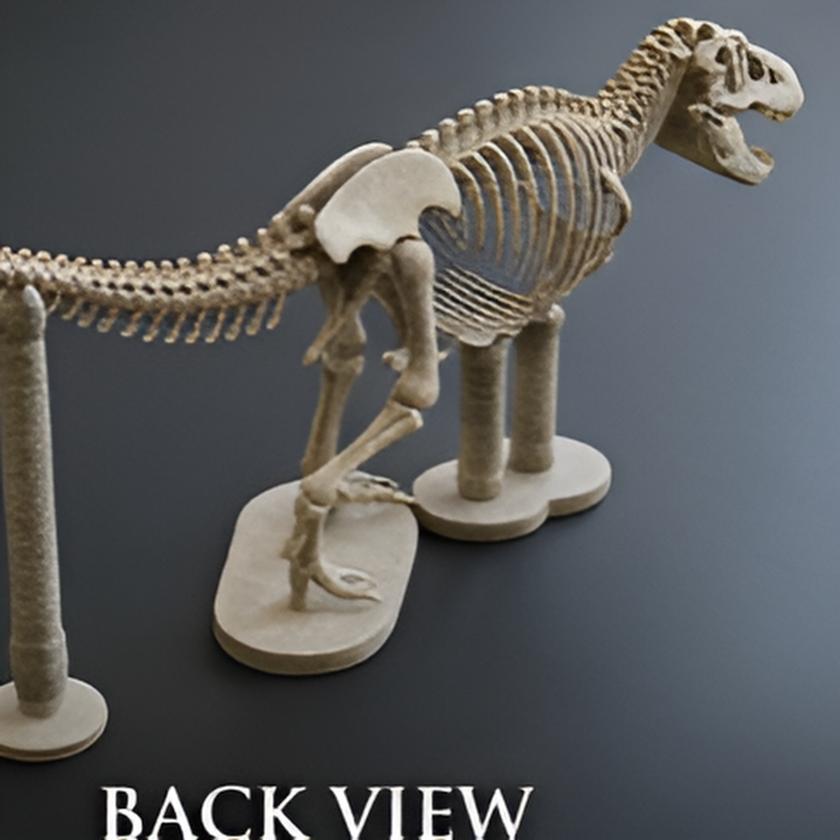MokshaGoldSculptures T Rex Skeleton 3D print in metallic finish, back view on stand, dinosaur jewelry decor piece.