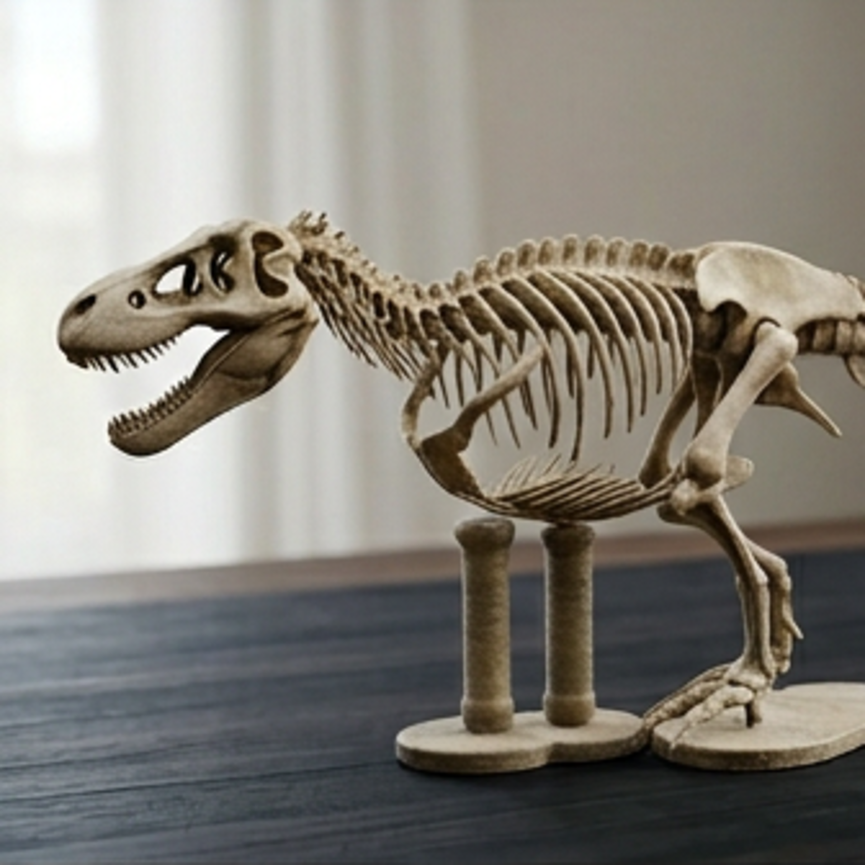 T Rex Skeleton stand in gold finish by MokshaGoldSculptures, detailed 3D model on two supports, elegant desk decor.