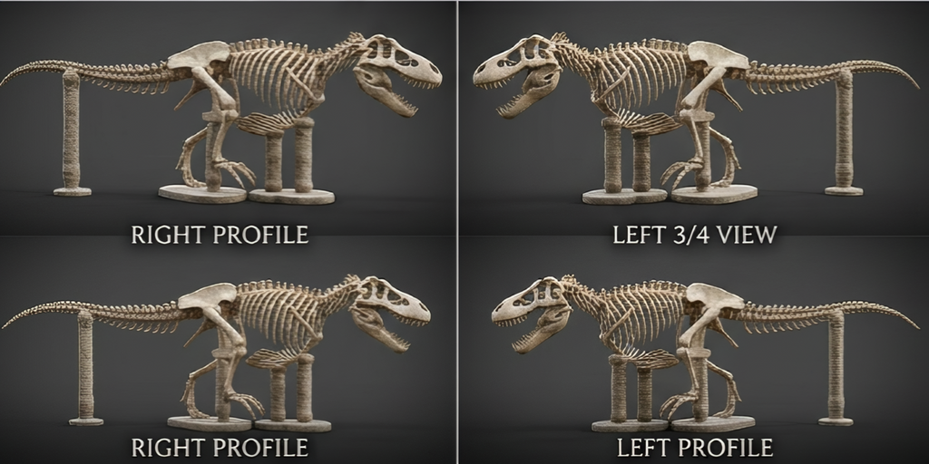 T Rex Skeleton 3D Model in gold finish by MokshaGoldSculptures, shown on stands with dark background.