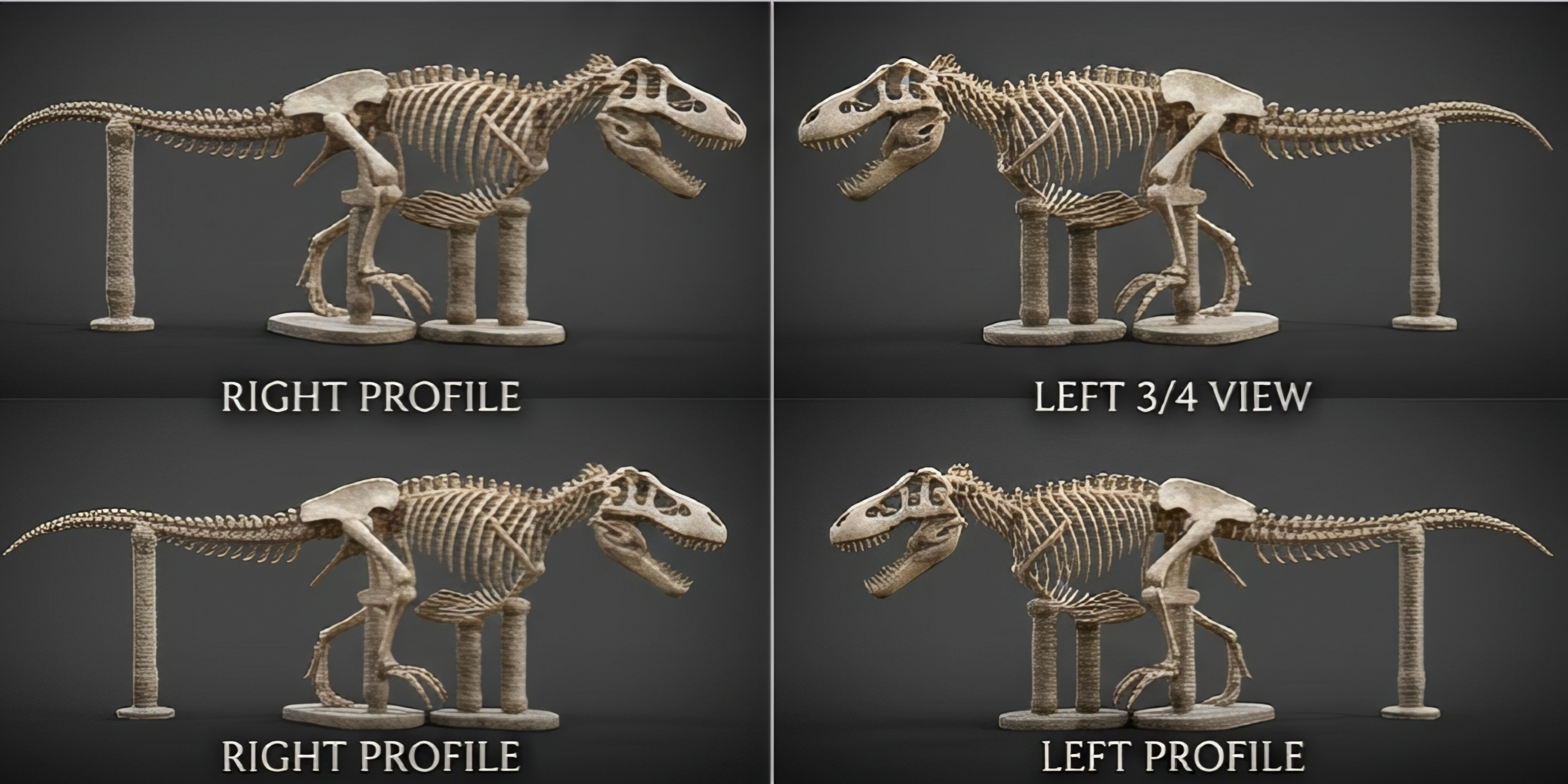 T Rex Skeleton 3D Model in gold finish by MokshaGoldSculptures, shown on stands with dark background.