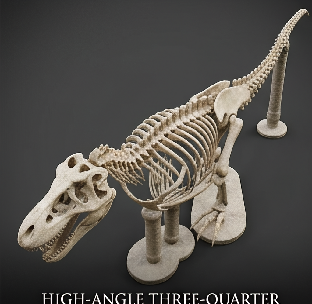 T Rex Skeleton 3D Print with Stand in gold-tone finish by MokshaGoldSculptures, high-angle display view.
