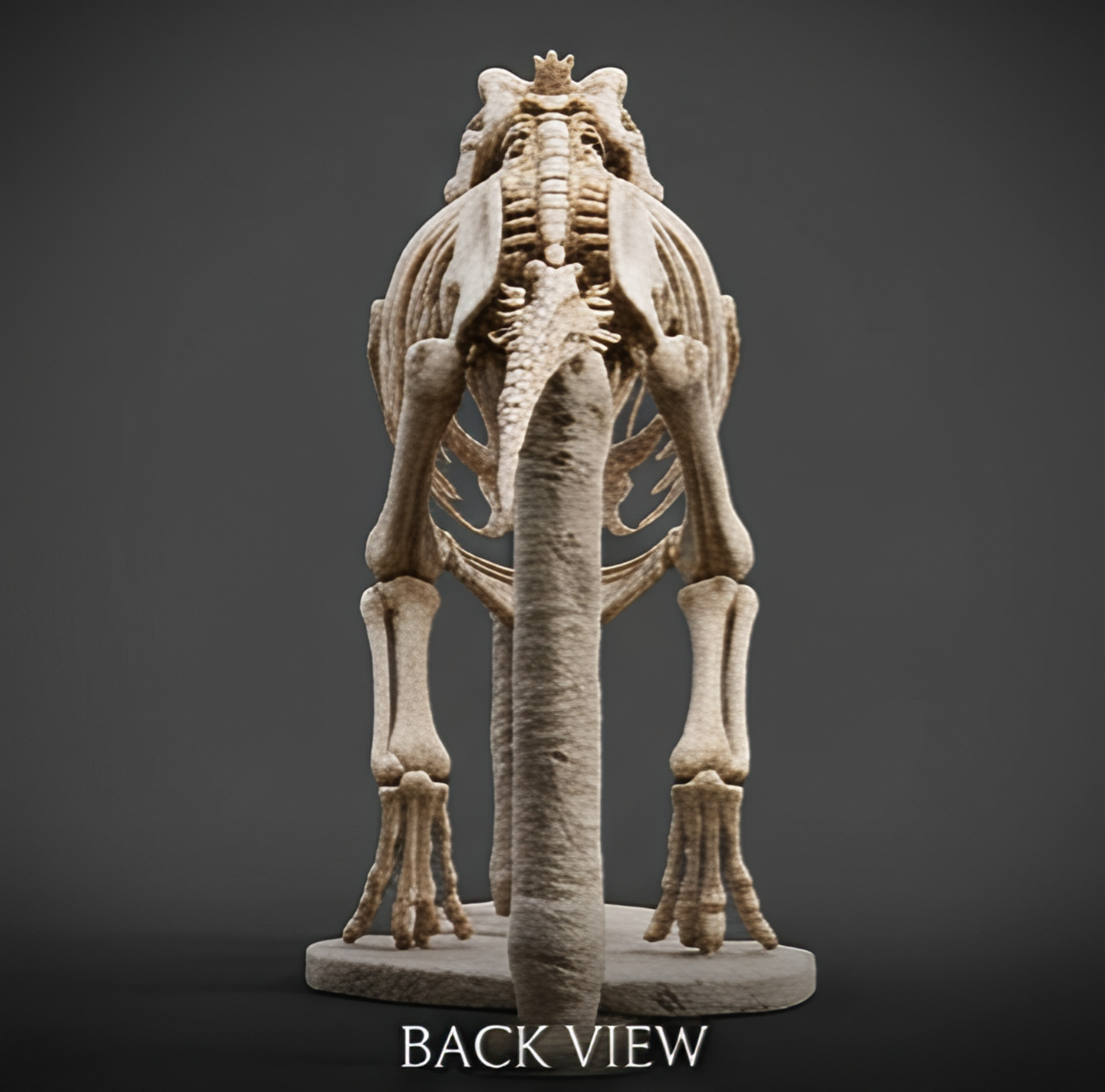 T Rex Skeleton 3D Print in gold finish by MokshaGoldSculptures, back view on stand with tail and ribcage against dark background.