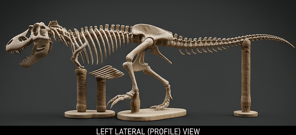 T Rex Skeleton 3D Print with Stand by MokshaGoldSculptures, matte metal finish, left profile view on dark background.