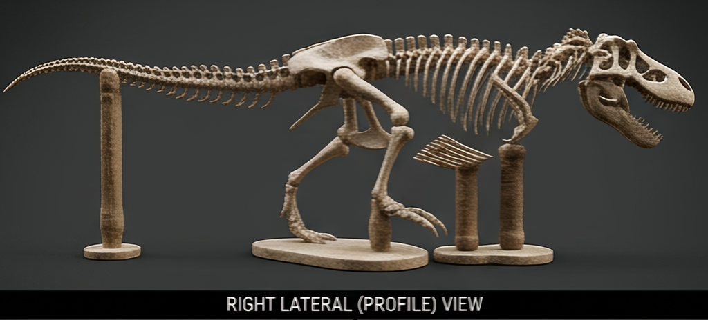 The T Rex Skeleton 3D Print in metallic finish by MokshaGoldSculptures, right profile view on display stands.